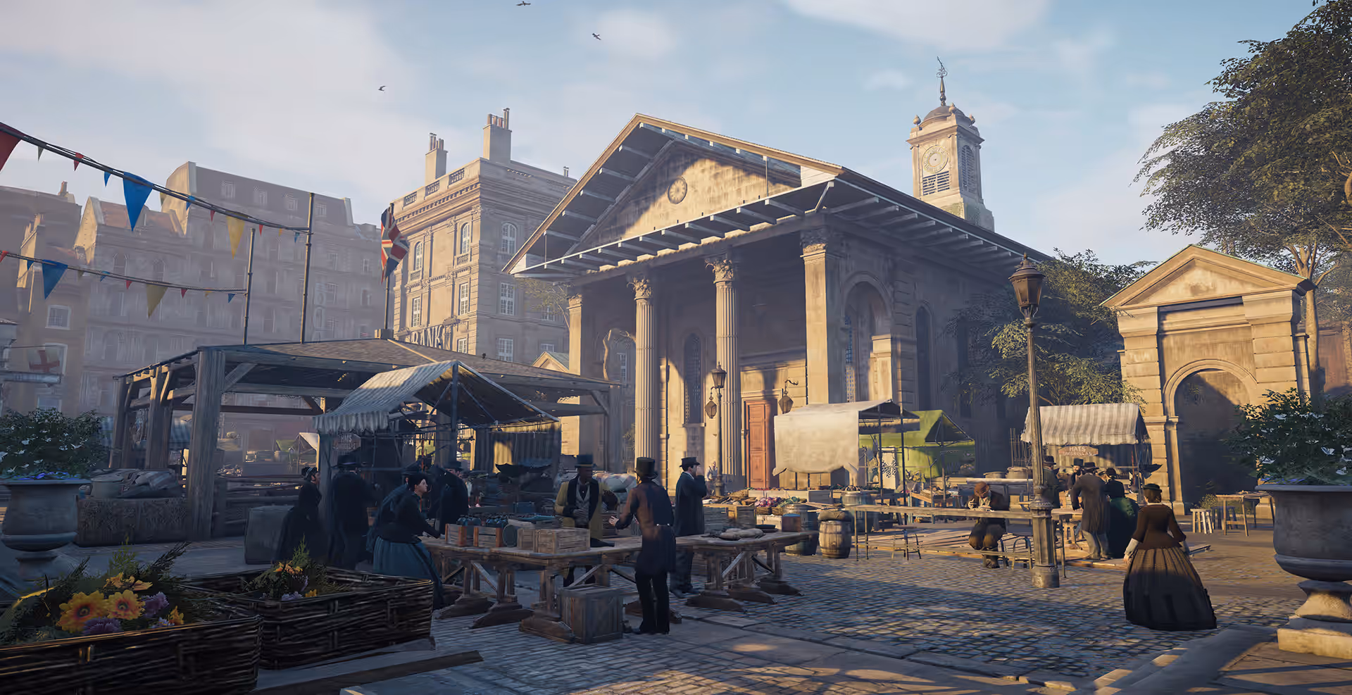 Video-game scene of St Paul's portico above a Victorian market, with stalls and people in period dress.